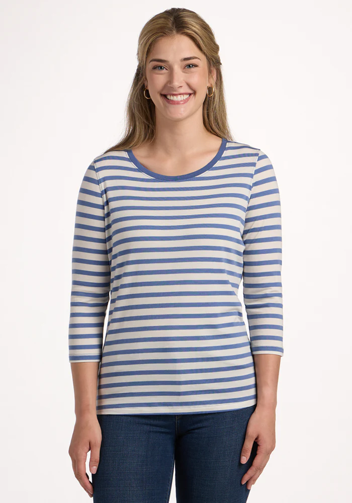 Jenny 3/4 Sleeve Crew Neck - Blue Sand Stripe